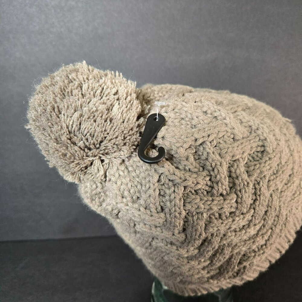 Isaac Mizrahi Beige Super Soft Ribbed Knit Pom Pom Beanie Fleece Lined Warm - Picture 5 of 10